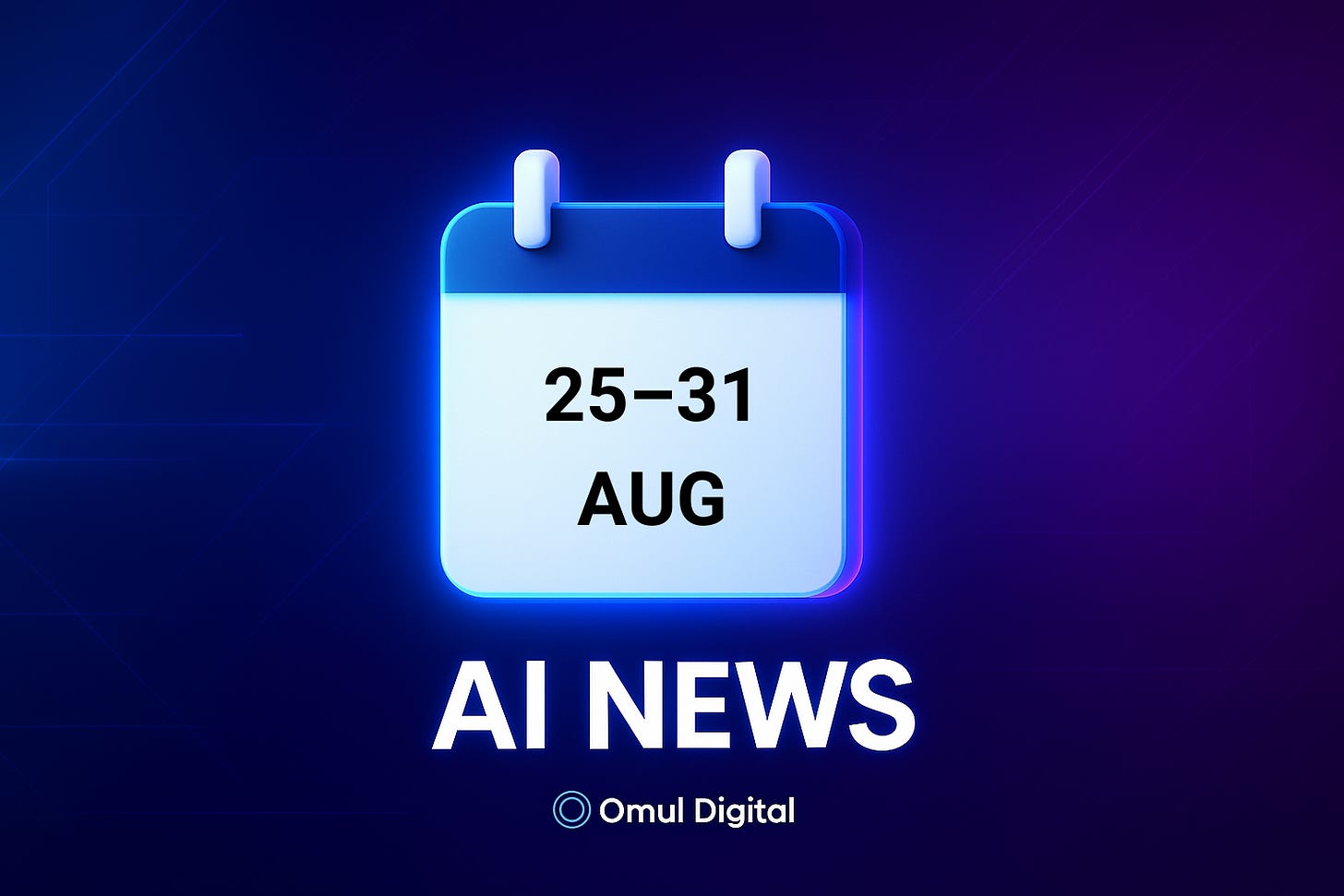 Calendar 3D centrat pe fundal tech albastru–violet, design wide pentru newsletter AI News, cu spațiu pentru data săptămânii