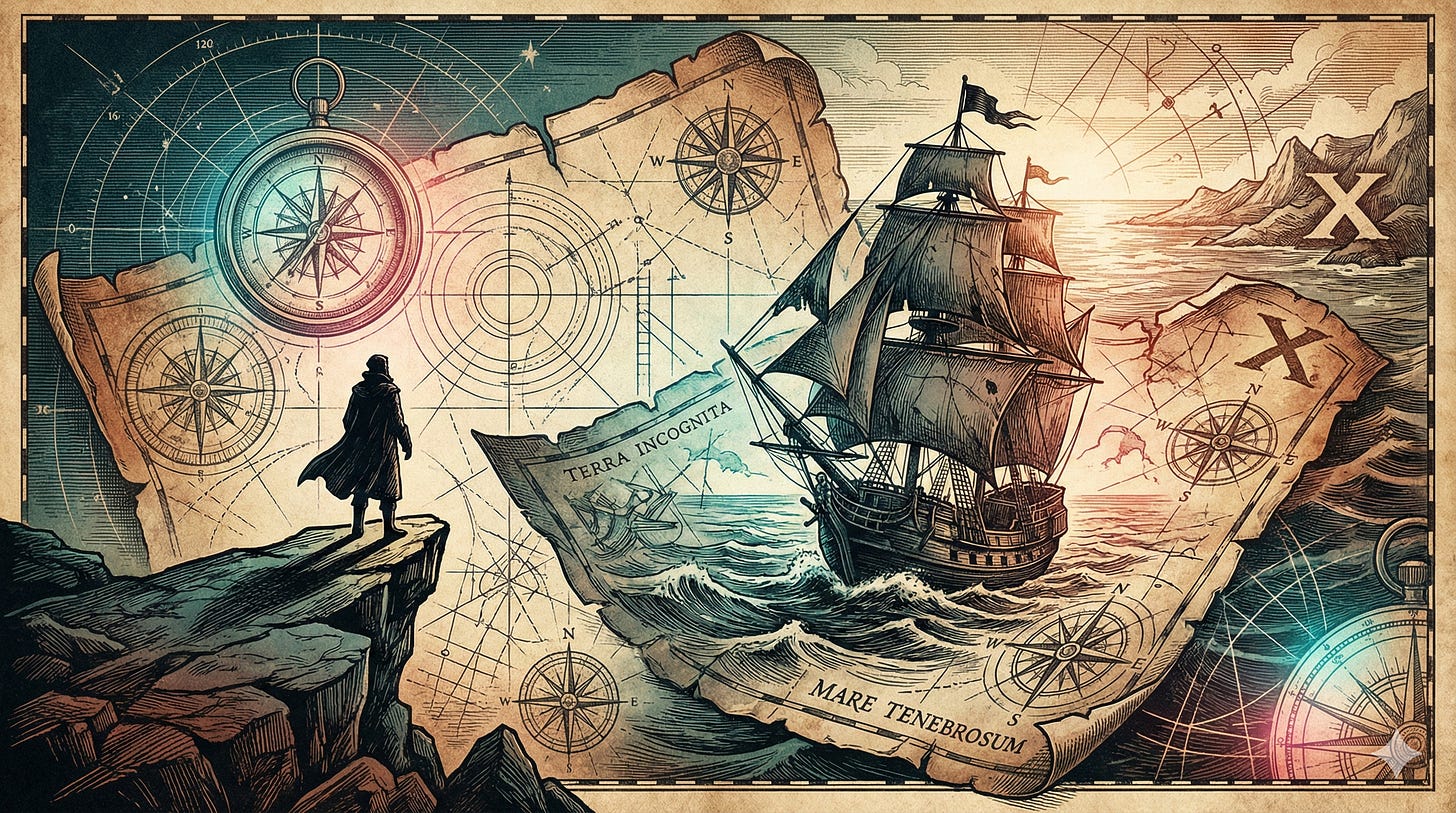 User journey mapping framework replacing revenue funnel — etching illustration of mapmaker charting a path User journey mapping framework replacing revenue funnel — etching illustration of mapmaker charting a path