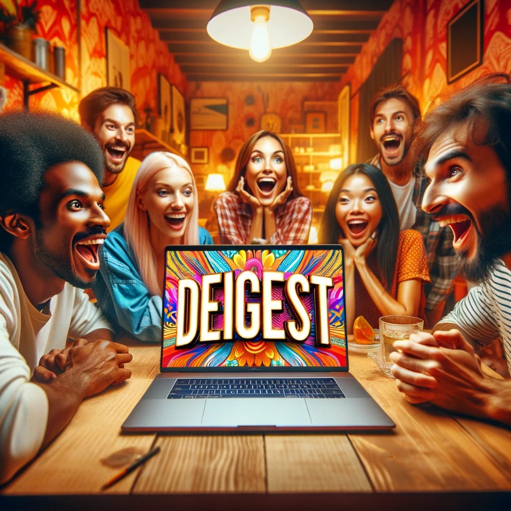 Visualize a lively and vibrant home setting with a group of people sitting around a table, looking excitedly at a MacBook screen. The MacBook screen prominently displays the word 'DESIGEST' in large, vivid letters. The people are diverse in appearance and are showing expressions of heightened enthusiasm and interest. The room is brightly lit, with rich and vibrant colors enhancing the energetic atmosphere. The focus is on the expressions of the people and the prominently displayed word on the screen, capturing a moment of shared excitement and engagement.