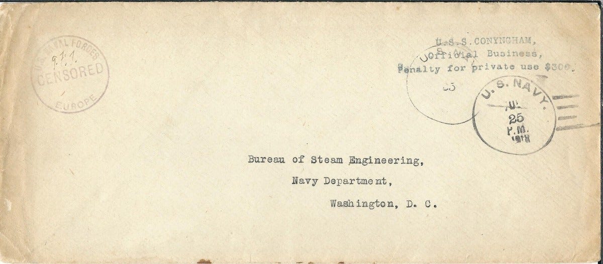 USS Conyngham DD-58 to Navy Dept, Washington DC 1918 Censored (N7245) | eBay