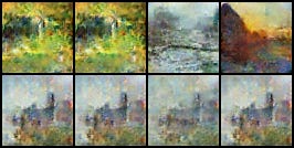 Grid of generated images showing the progression of the DCGAN model learning Monet's style from epoch 5000.