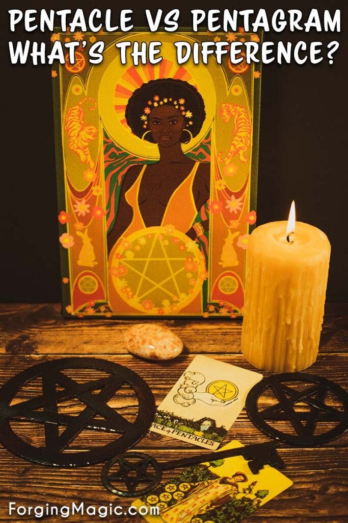 Pentacle vs Pentagram iron pentacles and an iron pentacle key with a painting of the Queen of pentacles and pentacle tarot cards