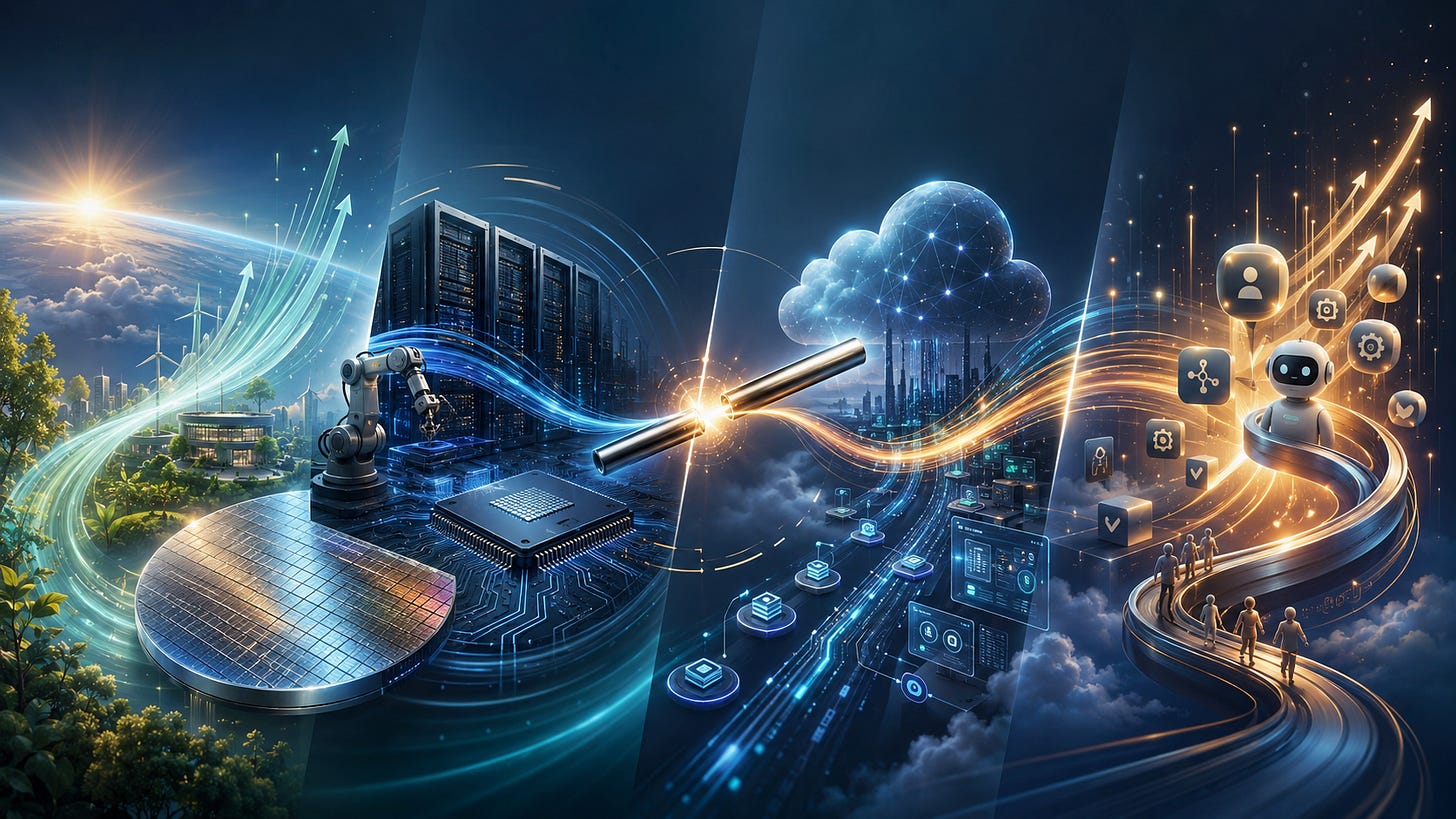 The four growth buckets as one relay — green functional growth, the silicon build-out, the cloud-and-opex layer, and the agentic applications — with the baton passing in the middle. The four growth buckets as one relay — green functional growth, the silicon build-out, the cloud-and-opex layer, and the agentic applications — with the baton passing in the middle.