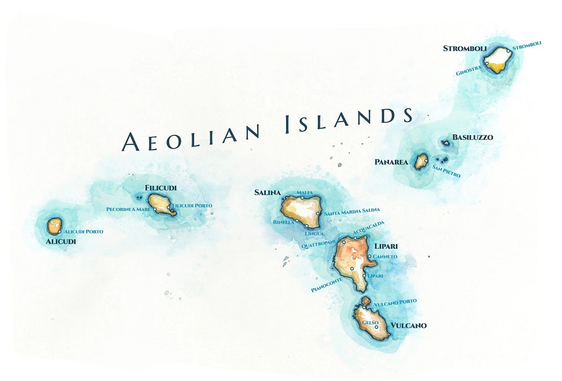 Hand-drawn watercolor and Copic marker map of the Aeolian Islands, showing Lipari, Vulcano, Stromboli, Salina, Filicudi, Alicudi, and Panarea in the Tyrrhenian Sea north of Sicily. Hand-drawn watercolor and Copic marker map of the Aeolian Islands, showing Lipari, Vulcano, Stromboli, Salina, Filicudi, Alicudi, and Panarea in the Tyrrhenian Sea north of Sicily.