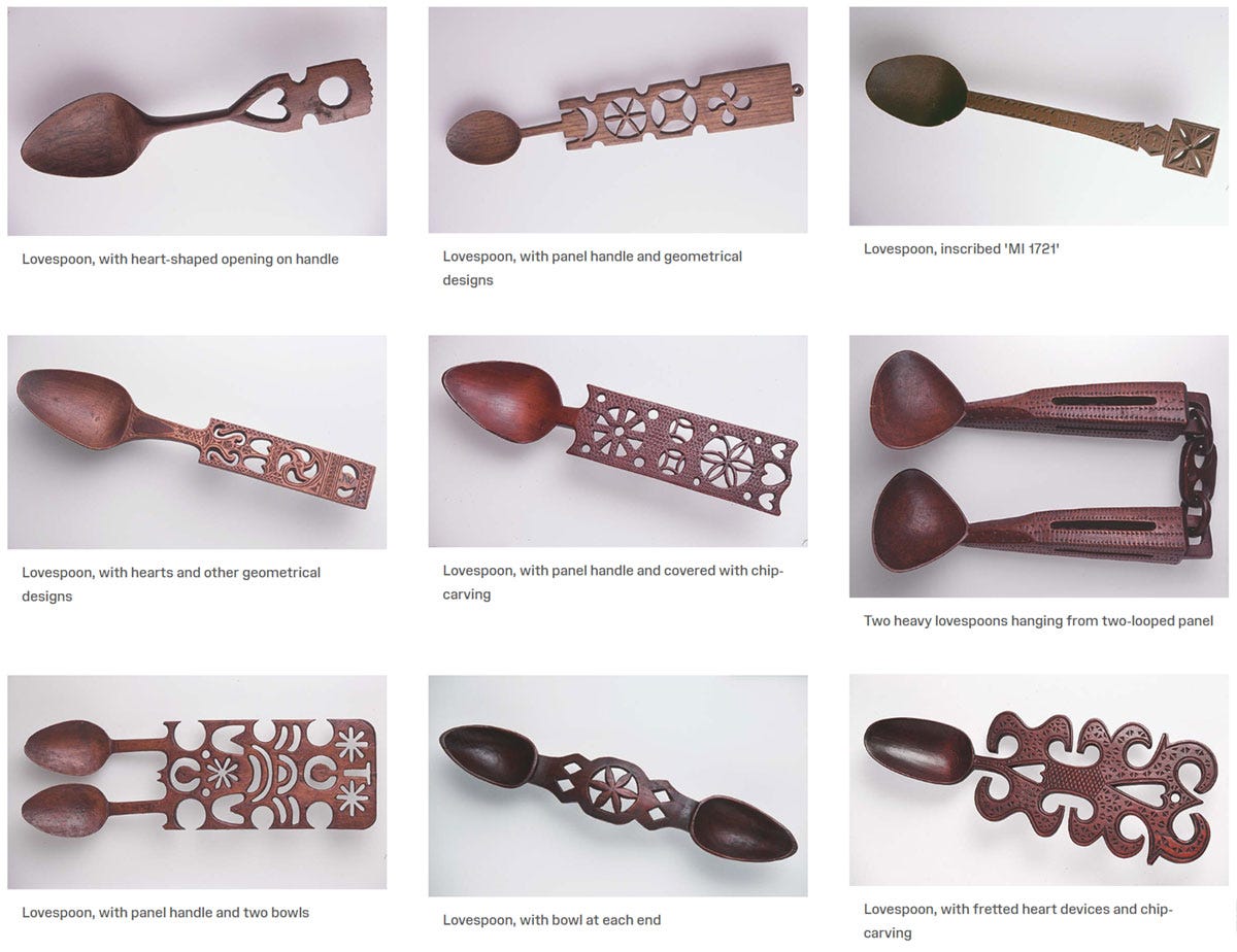A gallery of images showing nine gooden spoons with intricately carved handles A gallery of images showing nine gooden spoons with intricately carved handles