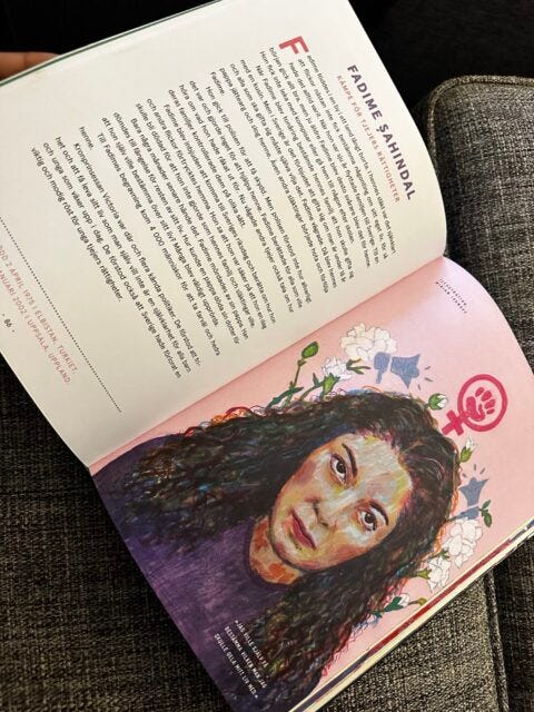 A collection of influential Swedish women featured in Svenska Hjältinnor (Swedish Heroines), including activist Tess Asplund, musician Cherrie, human rights advocate Fadime Şahindal, and climate activist Greta Thunberg. These women have shaped Sweden’s history through their work in racial justice, music, women's rights, and environmental activism."