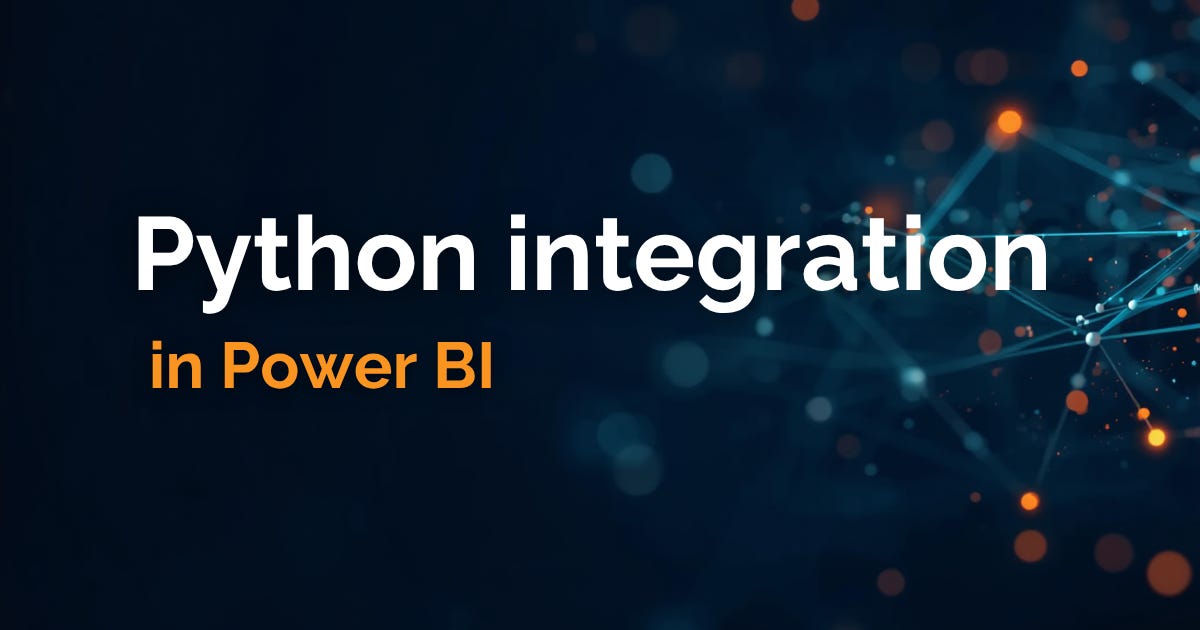 "Python integration in Power BI" text on a dark blue background with an abstract network of glowing blue lines and orange dots