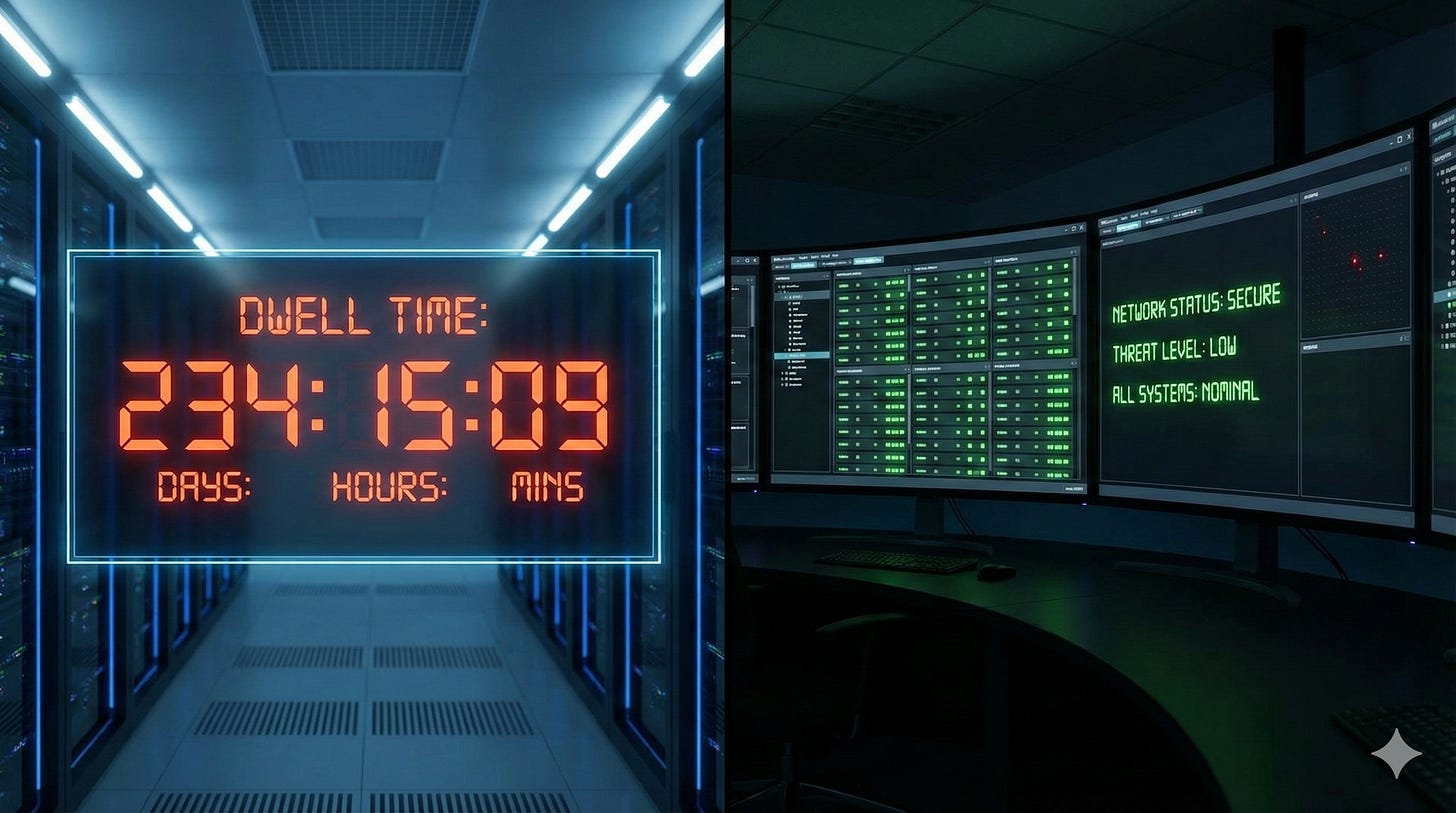 Split image showing time passing while security dashboards display false all-clear signals Split image showing time passing while security dashboards display false all-clear signals