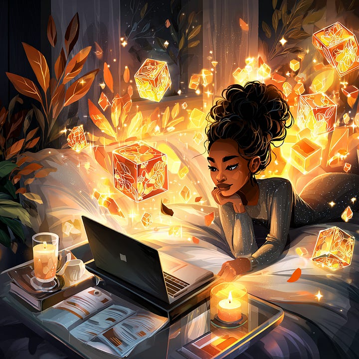 A beautiful black woman resting in bed working on her legacy while representations of divine downloads (ideas) swirl around her. By Affirmed Visionary