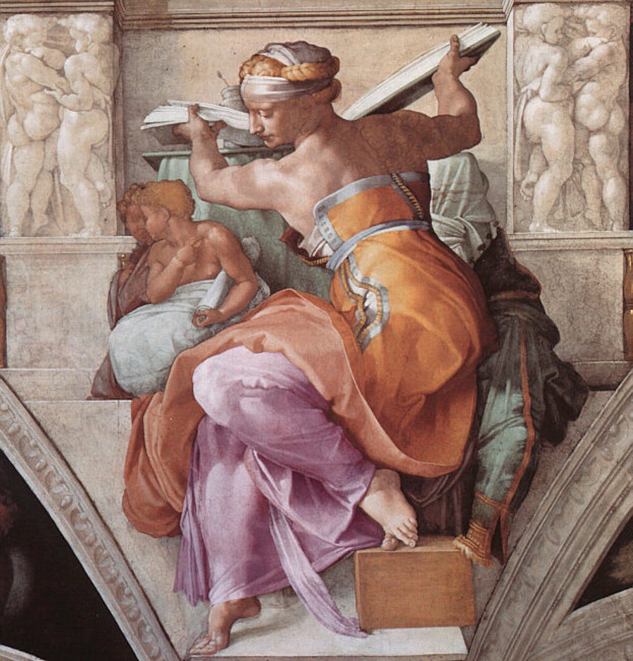 Michelangelo fresco of the Libyan Sibyl in orange and green drapery on the Sistine ceiling Michelangelo fresco of the Libyan Sibyl in orange and green drapery on the Sistine ceiling