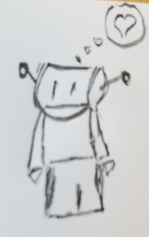 a cartoon robot drawn and painted on many surfaces.