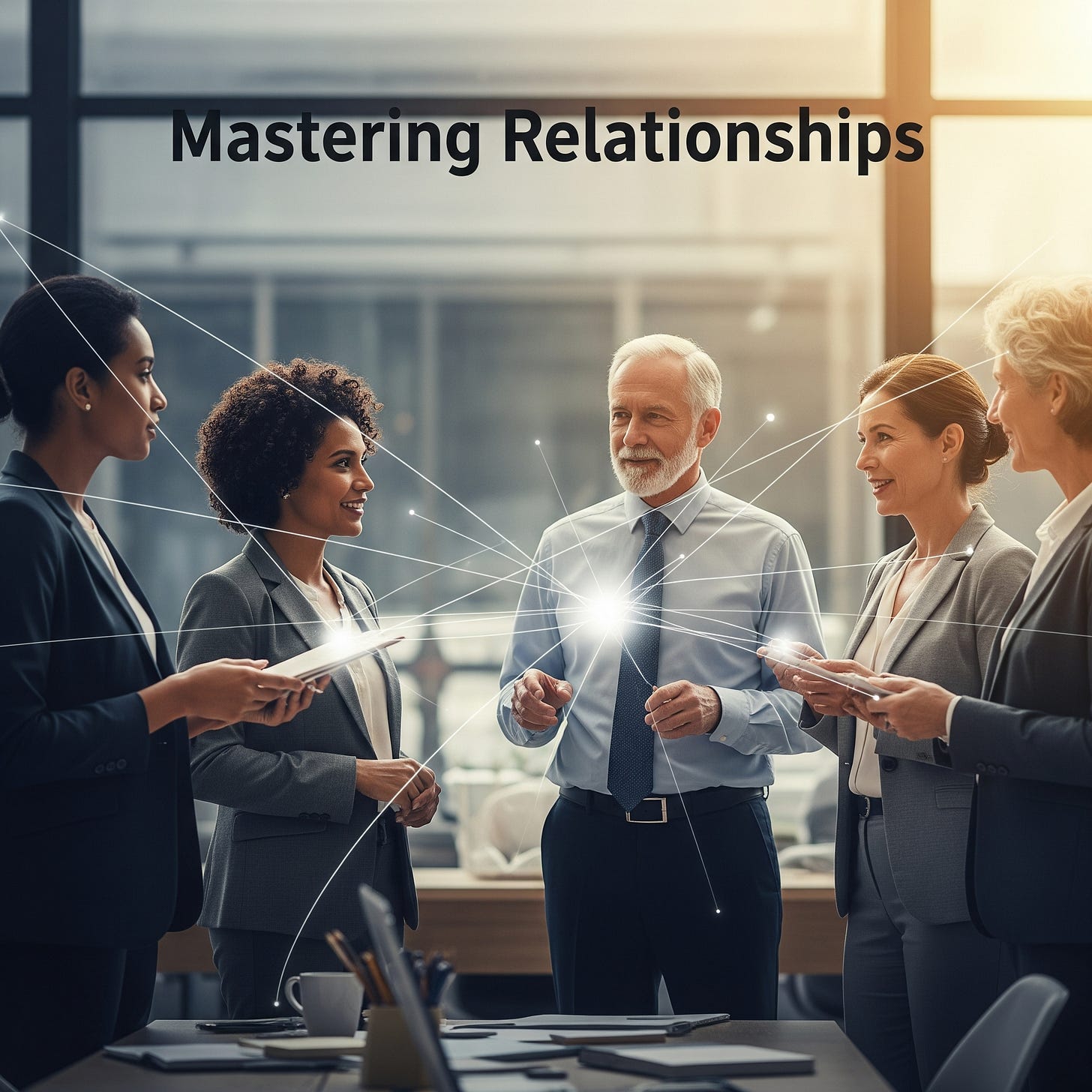 An image representing mastering relationships through second-order thinking. A diverse group of professionals stands together, connected by glowing lines emanating from their interactions, symbolizing strong communication, empathy, and strategic networking, with a central figure fostering these connections.
