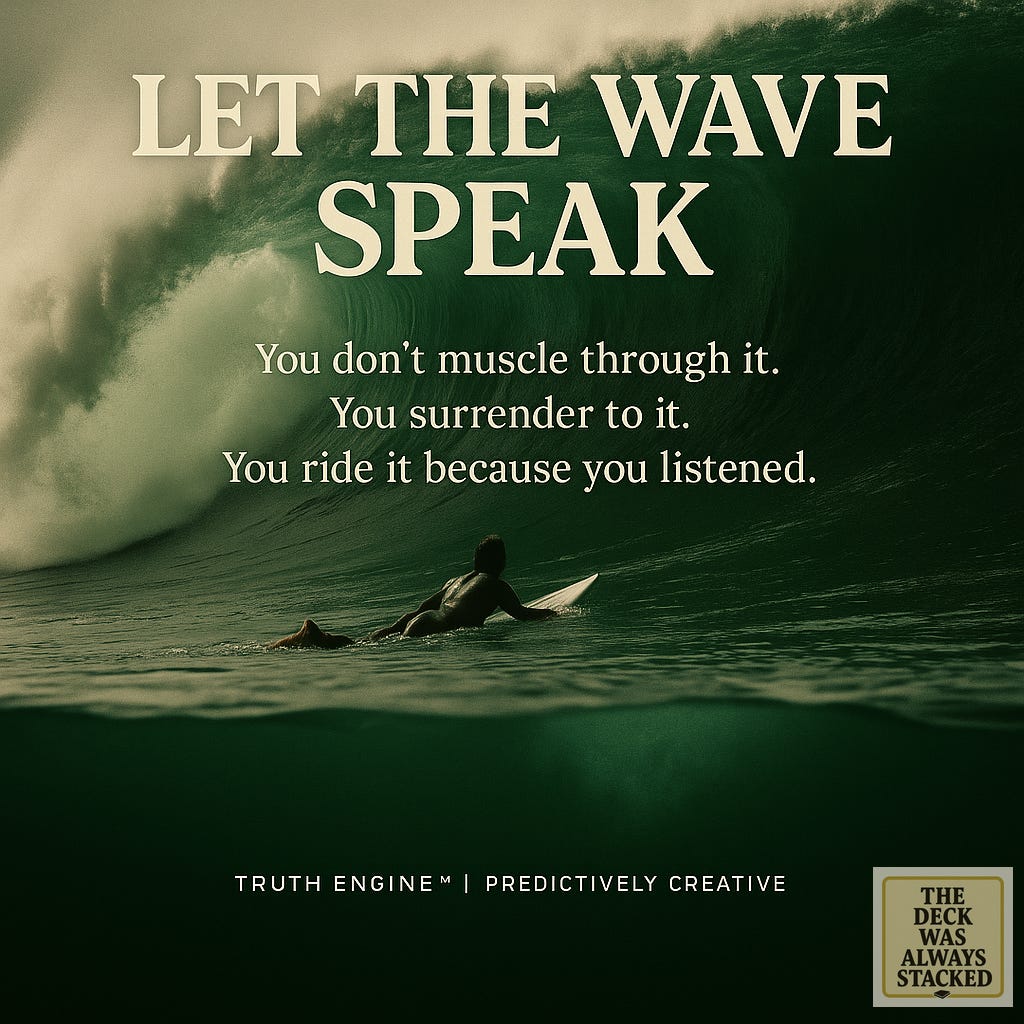 Wide cinematic frame of a lone surfer silhouetted against a teal-gold horizon, board floating loose beside them — the leash visibly drifting free.