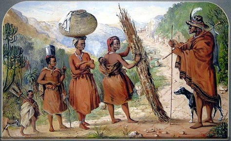 Group of Xhosas on the Grahamstown road, Frederick Timpson I'Ons, circa 1870; The Bantu Tribes of South Africa, A.M. Duggin-Cronin; 