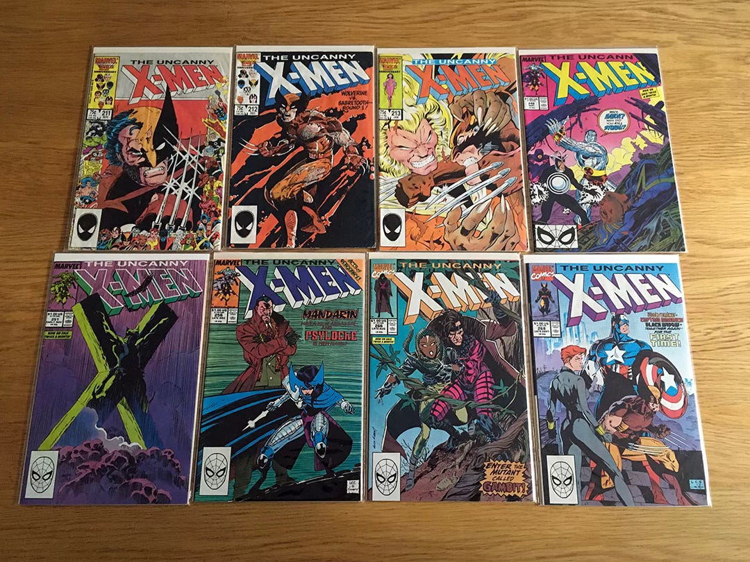 A selection of covers of The Uncanny X-Men comic book from the mid-80s to early-90s