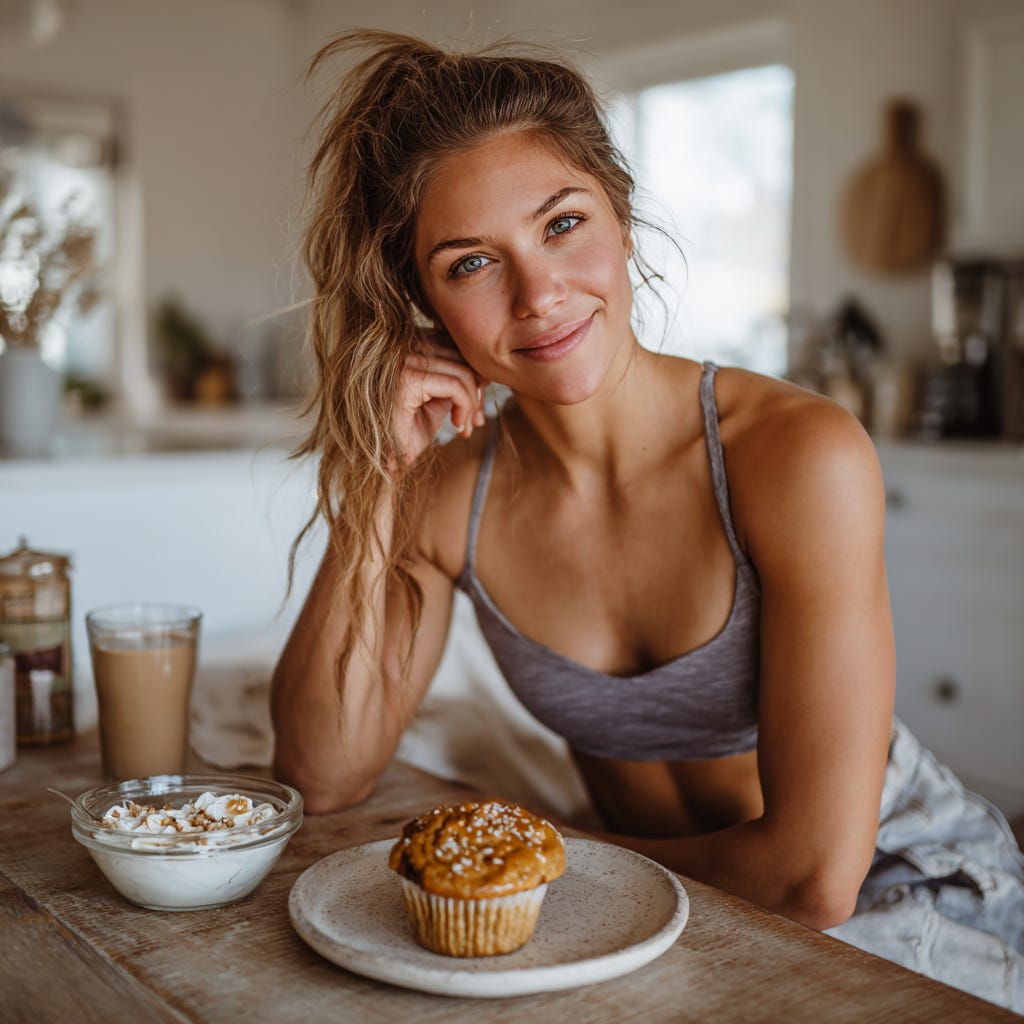 Fit healthy woman about to smash a muffin in the kitchen