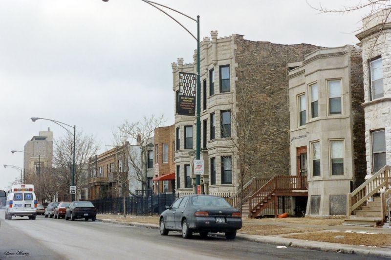Congress Parkway looking west through Chicago's urban landscape, February 1996.