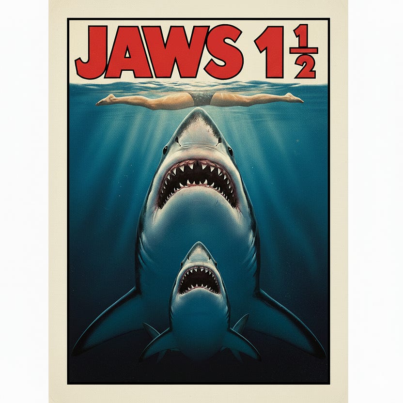 Movie poster of JAWS one and a half shwoing two sharks. Young and old