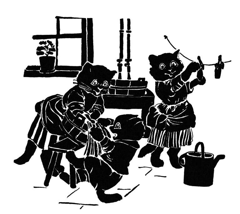Illustration of Cats Performing Housework and Laundry