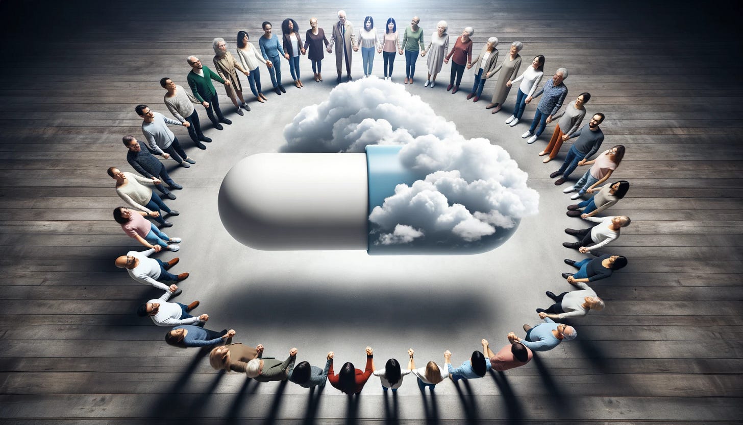 Photo of a diverse group of people holding hands in a circle, looking upwards. Above them is a cloud shaped like a pill, symbolizing collective hope and trust in modern medicine's potential.