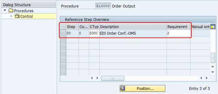 New step added to output procedure X10000 with step number as 30, output type ZOOC and requirement as 2.