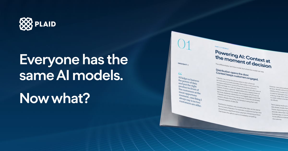 Plaid white paper banner: Everyone has the same AI models. Now what? Plaid white paper banner: Everyone has the same AI models. Now what?
