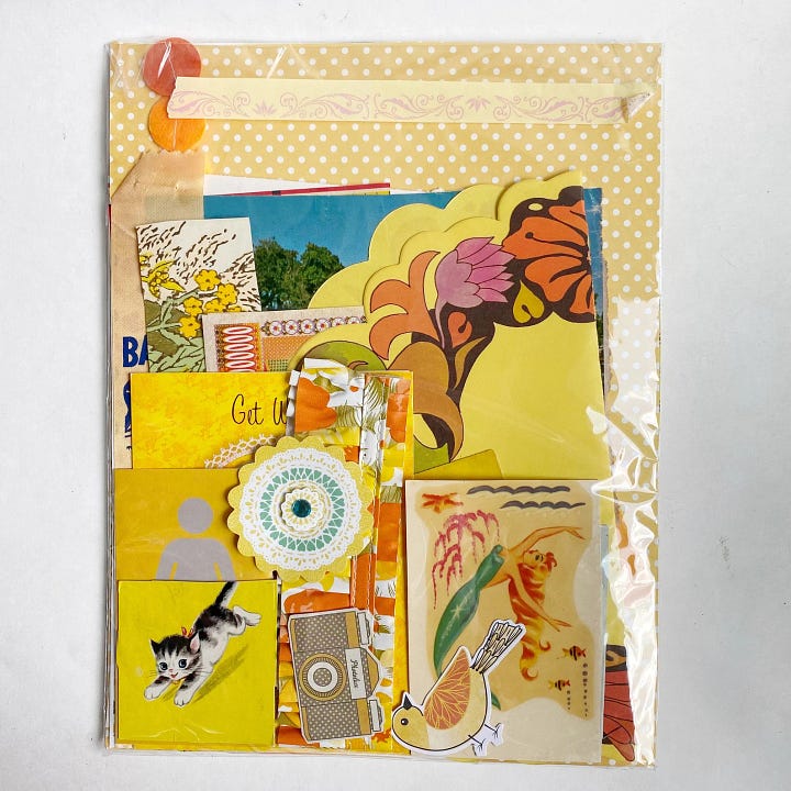 First photo: a pack of various yellow-themed vintage papers and ephemera gathered by Jennifer Perkins.  Second photo: a variety of sparkly, vintage stickers in Thrifty Day's shop.