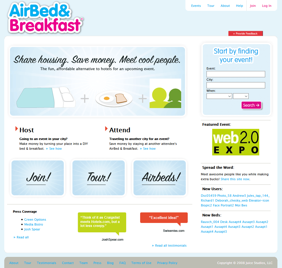 AirBed & Breakfast in 2008 - Web Design Museum