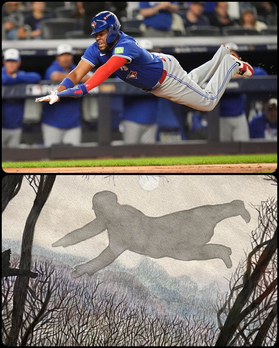 Upper section shows a baseball player in blue Toronto Blue Jays uniform with red sleeves and helmet sliding feet-first into home plate on green field with white base visible arms extended wearing white gloves red cleats and protective gear stadium crowd blurred in background lower section depicts grayscale silhouette of a man in motion flying horizontally arms outstretched legs bent amid dark tree trunks under cloudy sky with full moon overhead.