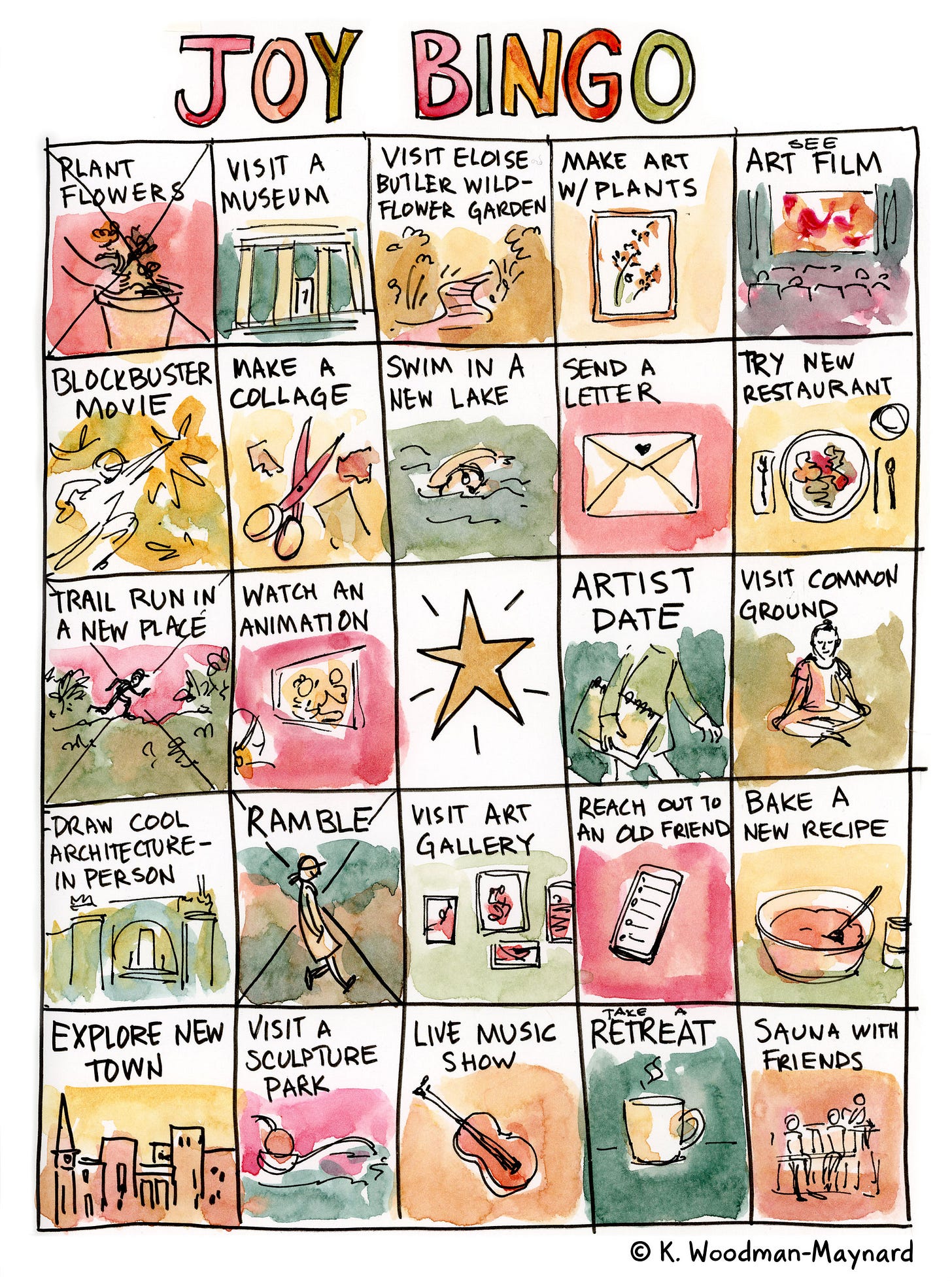 Colorful watercolor joy bingo board featuring activities that bring artist and cartoonist K. Woodman-Maynard joy.