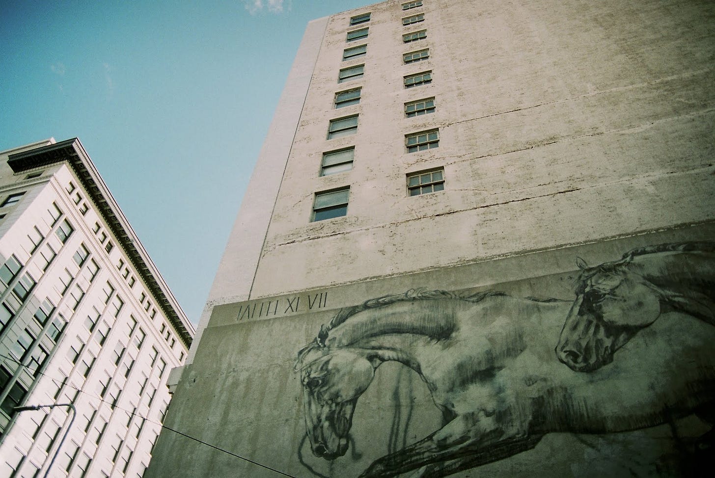 Low-angle view of a high-rise building with a mural of two horses painted along its base, set against a blue sky in Los Angeles. Low-angle view of a high-rise building with a mural of two horses painted along its base, set against a blue sky in Los Angeles.