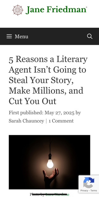 A screenshot from Jane Friedman's site with Sarah's article and byline. Below is an image of a hand reaching for a light bulb.