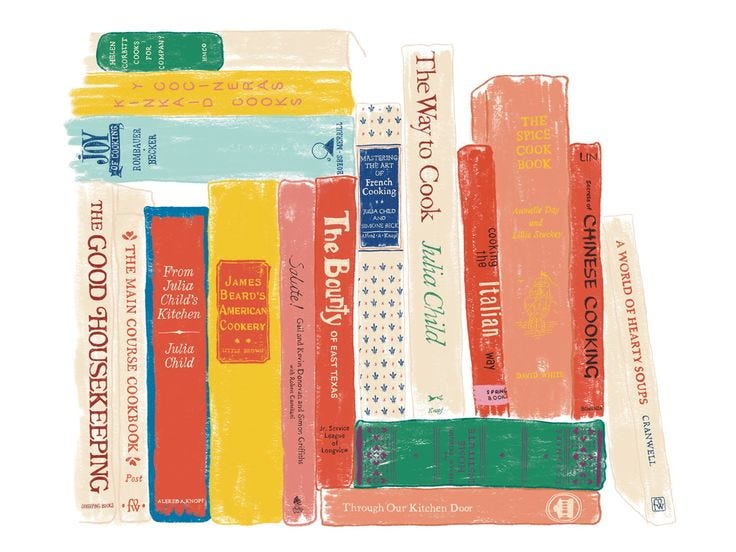 This may contain: there are many books that are stacked on top of each other, all in different colors