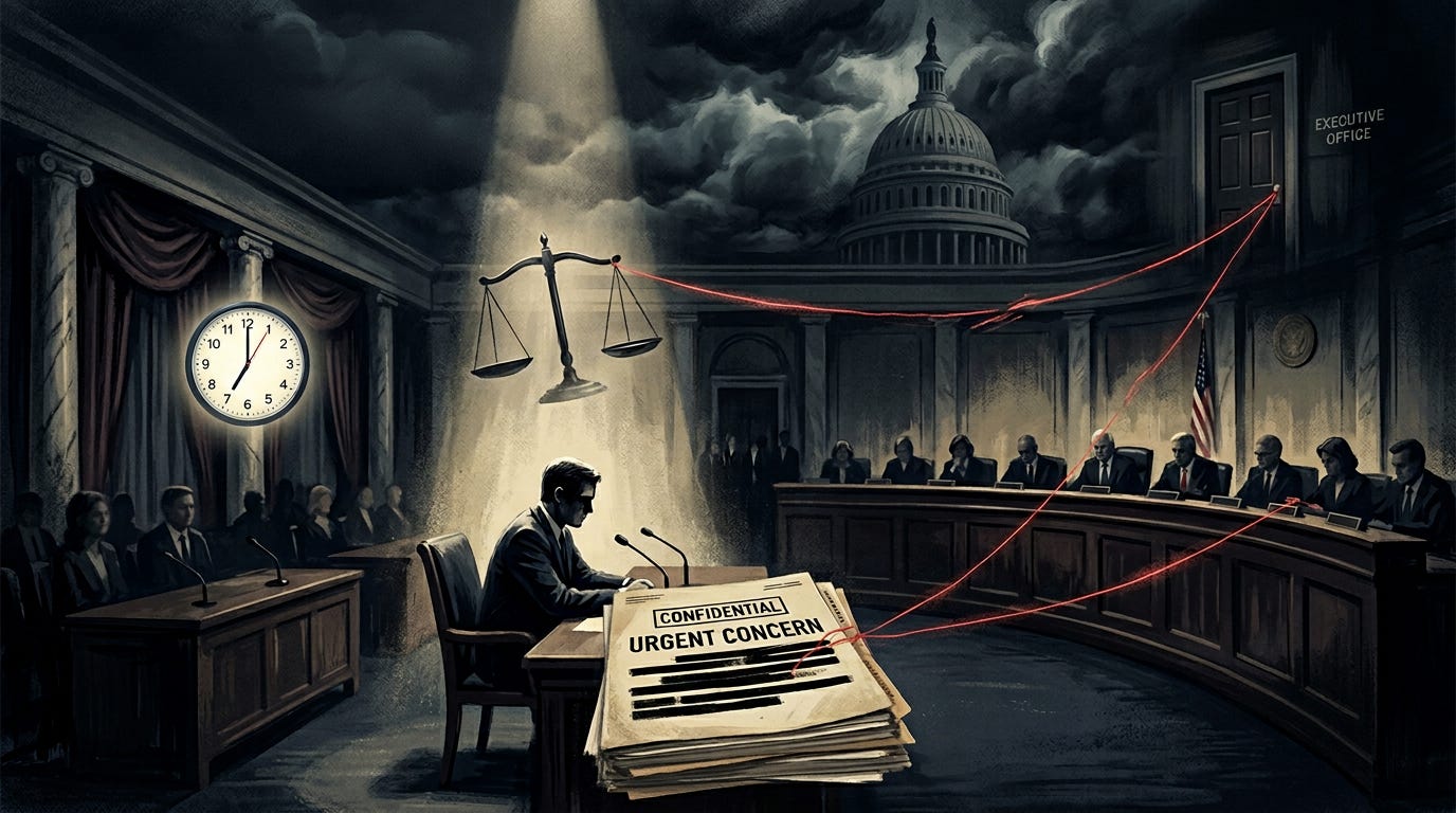 Output an image of a dramatic 169 horizontal editorial illustration in the style of a New York Times Magazine cover story The scene shows a dimly lit congressional hearing room viewed from a slightly elevated angle At the center foreground s_image_1