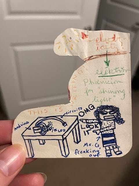 A scrap of paper with a doodle that depicts Krys pointing and gawking at an arduino turning on an LED