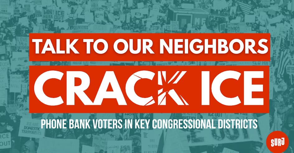 Talk to our neighbors: Crack ICE. Phonebank voters in key congressional districts. SURJ.