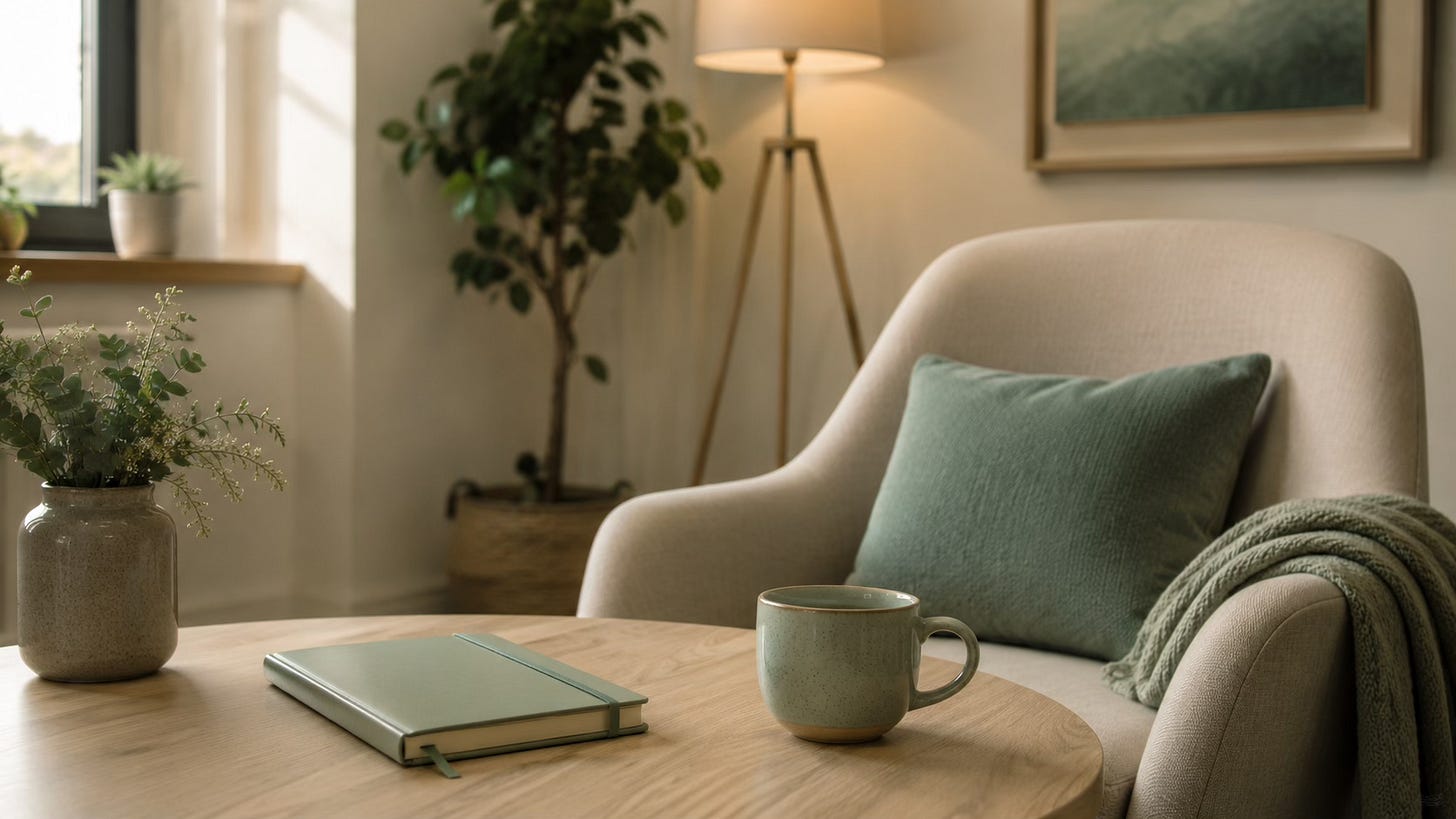Calm therapeutic workspace with a chair, notebook, and tea in soft natural light.