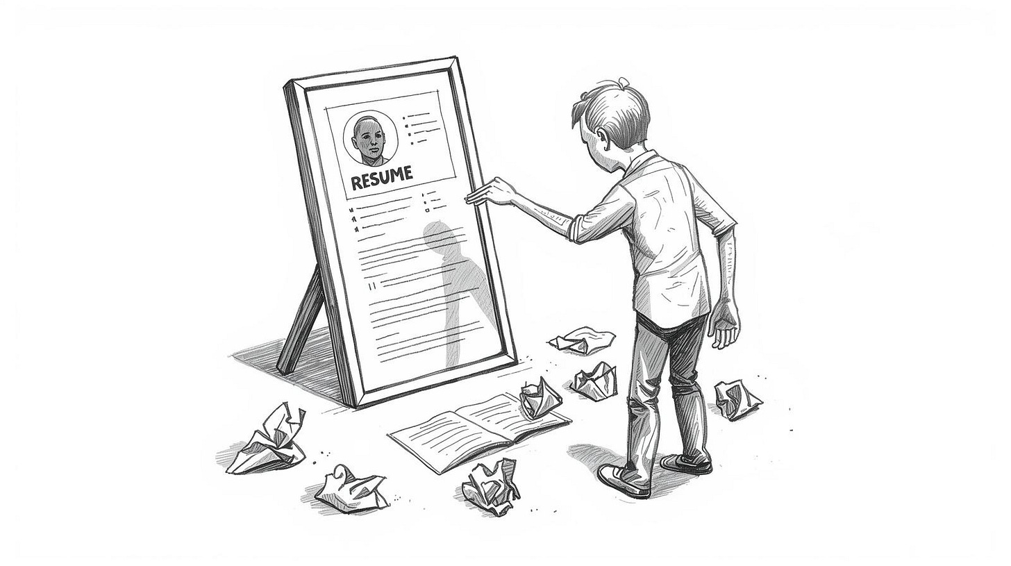 Person holding mirror examining their resume with discarded drafts around them Person holding mirror examining their resume with discarded drafts around them