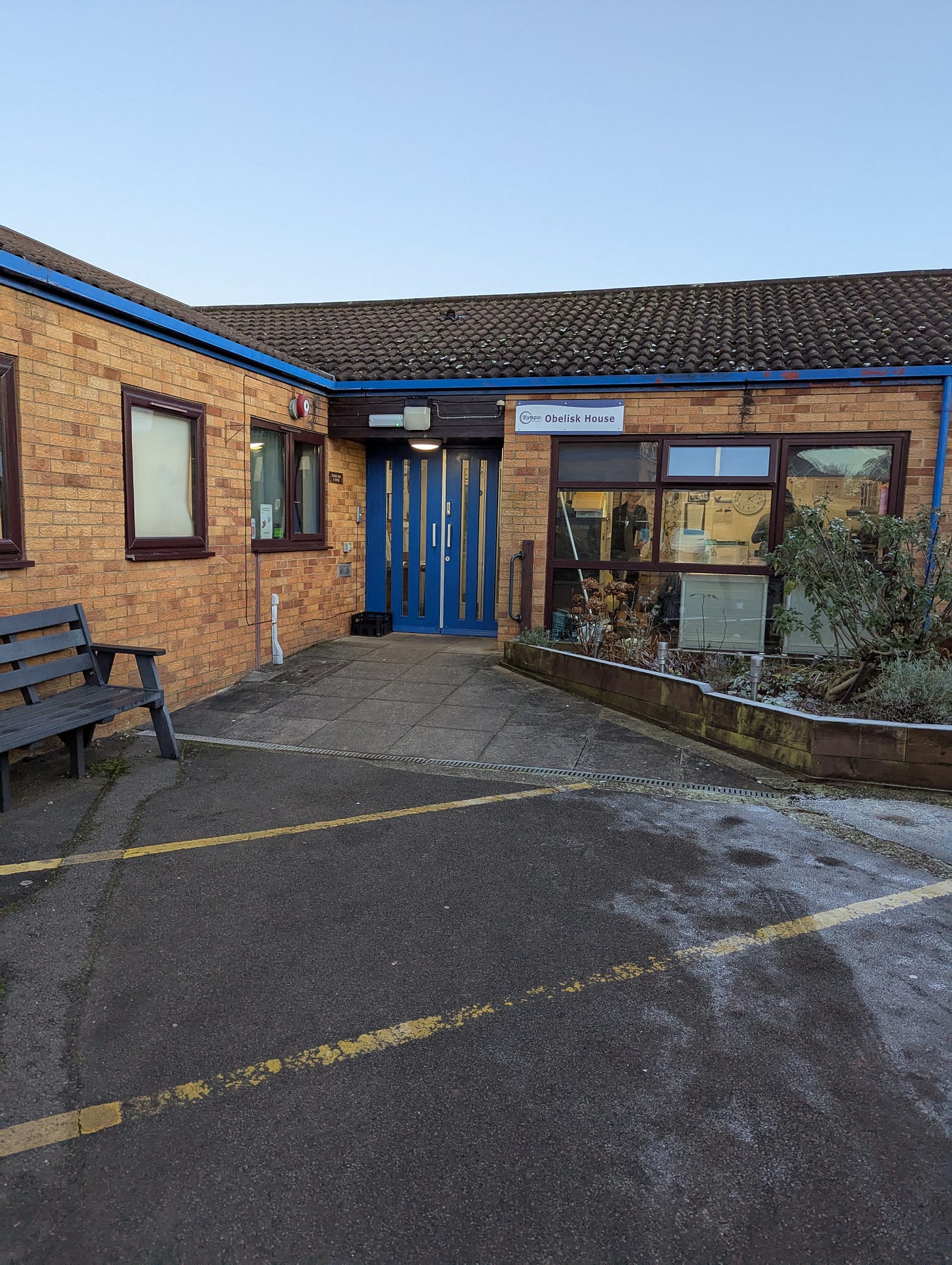 The entrance to a care home for dementia. The place is called Obelisk House.