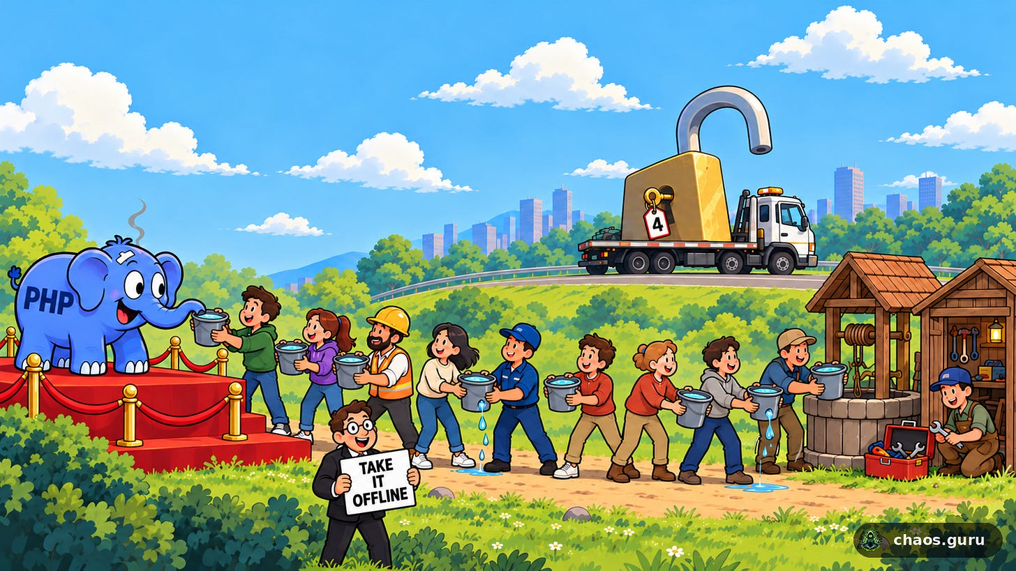 Cartoon: the blue PHP elephant from the first piece, fire out and a bandage on its head, drinks from a bucket passed along a cheerful bucket brigade that runs from a small well and workshop. Two buckets drip through holes. A man in a suit stands to the side holding a TAKE IT OFFLINE sign. In the background, the giant padlock with the number 4 key is hauled away on a tow truck. Cartoon: the blue PHP elephant from the first piece, fire out and a bandage on its head, drinks from a bucket passed along a cheerful bucket brigade that runs from a small well and workshop. Two buckets drip through holes. A man in a suit stands to the side holding a TAKE IT OFFLINE sign. In the background, the giant padlock with the number 4 key is hauled away on a tow truck.