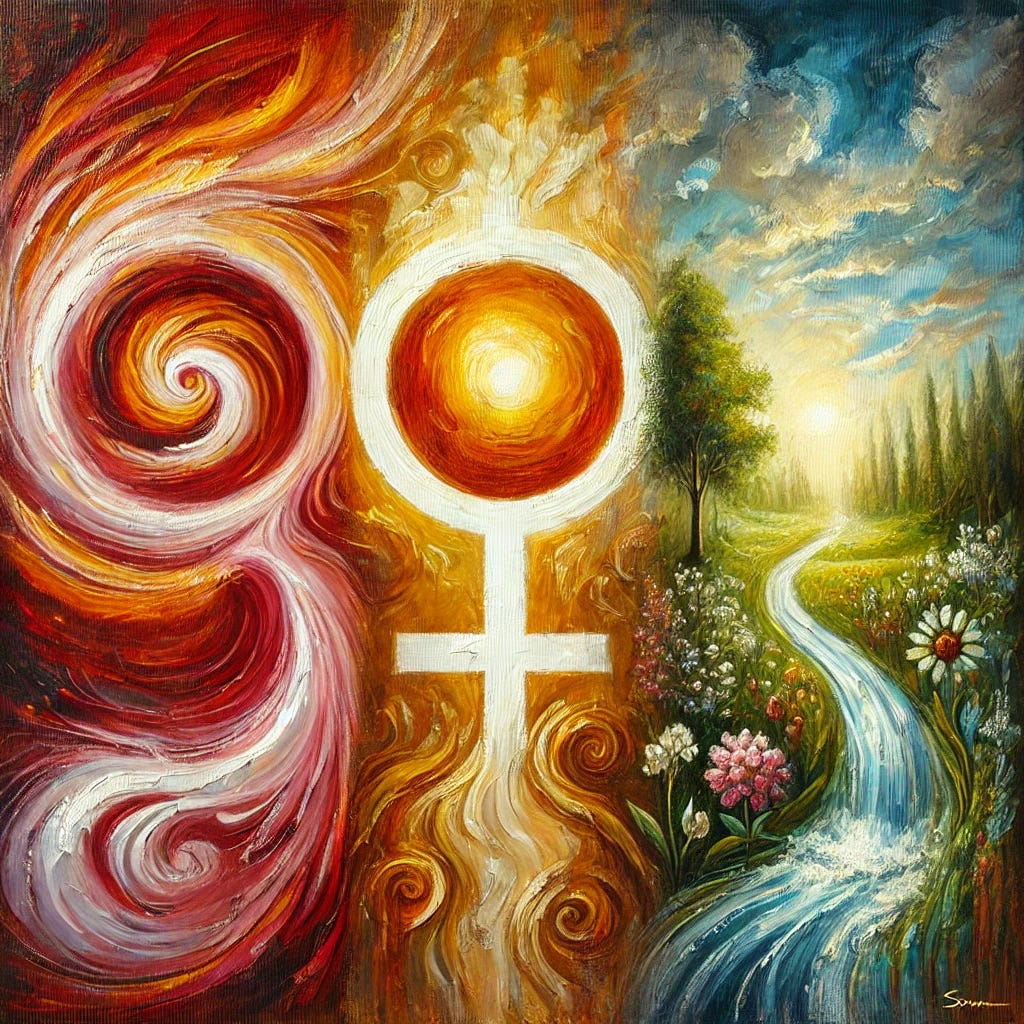 An expressive oil painting depicting the symbolic journey of menopause, using vibrant, bold colors. The composition includes three abstract representations of the stages: perimenopause, menopause, and postmenopause. On the left, a swirling form symbolizes hormonal fluctuations, painted in warm, fiery tones of orange and red. The center is a serene circle representing the moment of menopause, rendered in calming whites and golds. The right transitions to postmenopause, portrayed as a lush garden in cooler shades of green and blue, symbolizing renewal and growth. The painting features rich textures and dynamic brushstrokes, creating depth and movement in a square format. An expressive oil painting depicting the symbolic journey of menopause, using vibrant, bold colors. The composition includes three abstract representations of the stages: perimenopause, menopause, and postmenopause. On the left, a swirling form symbolizes hormonal fluctuations, painted in warm, fiery tones of orange and red. The center is a serene circle representing the moment of menopause, rendered in calming whites and golds. The right transitions to postmenopause, portrayed as a lush garden in cooler shades of green and blue, symbolizing renewal and growth. The painting features rich textures and dynamic brushstrokes, creating depth and movement in a square format.