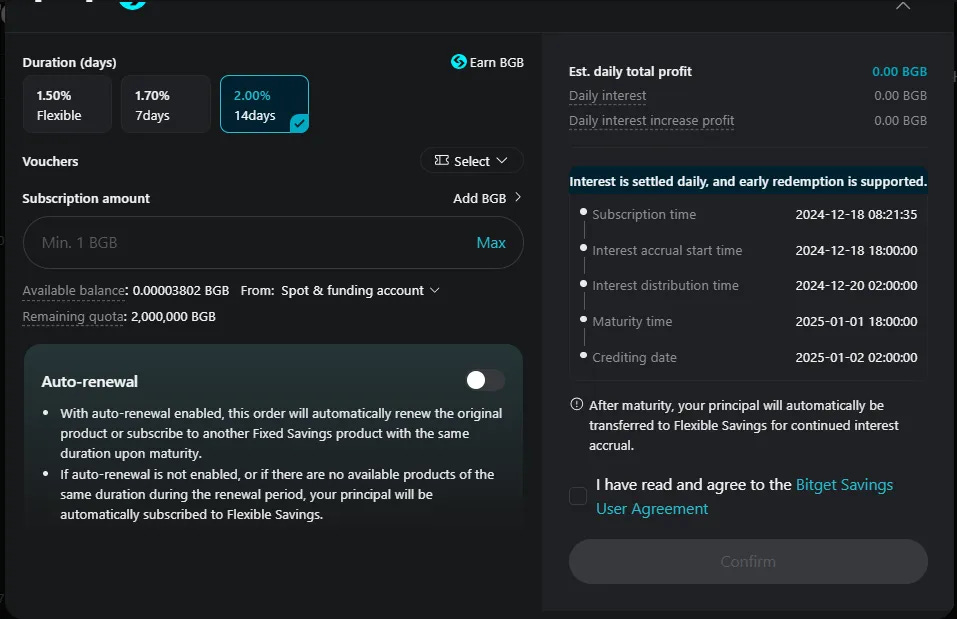 Bitget fixed savings duration and returns selection