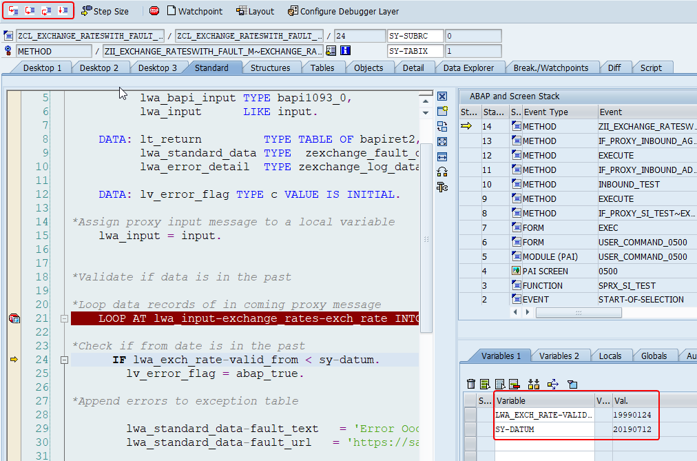 Debug screen of SAP with variables and values