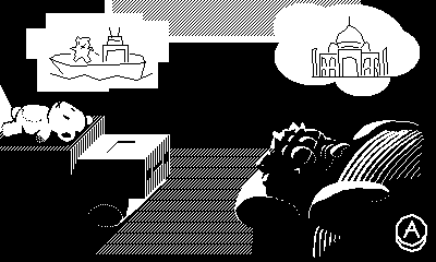 The robot has a teddy bear on its chest and is dreaming of itself in a boat with the bear. The alien is dreaming of the Taj Mahal.