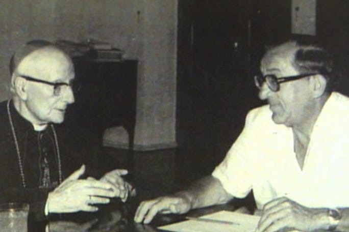 Thug-of-war: Archbisop Mikiel Gonzi (left) brandished the ultimate weapon by inflicting sin and the promise of Hell for errant voters in the 1960s, in his war against Dom Mintoff Thug-of-war: Archbisop Mikiel Gonzi (left) brandished the ultimate weapon by inflicting sin and the promise of Hell for errant voters in the 1960s, in his war against Dom Mintoff