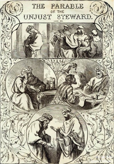 A black and white illustrated depiction of the Parable of the Unjust Steward. It includes several panels depicting the steward meeting with debtors and changing the records so that they owe the owner less. It is surrounded by decorative calligraphy-style designs.