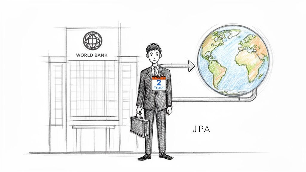 Illustration of a person with a '2 Years' calendar, World Bank building, and a globe representing the Junior Professional Associate (JPA) program. Illustration of a person with a '2 Years' calendar, World Bank building, and a globe representing the Junior Professional Associate (JPA) program.