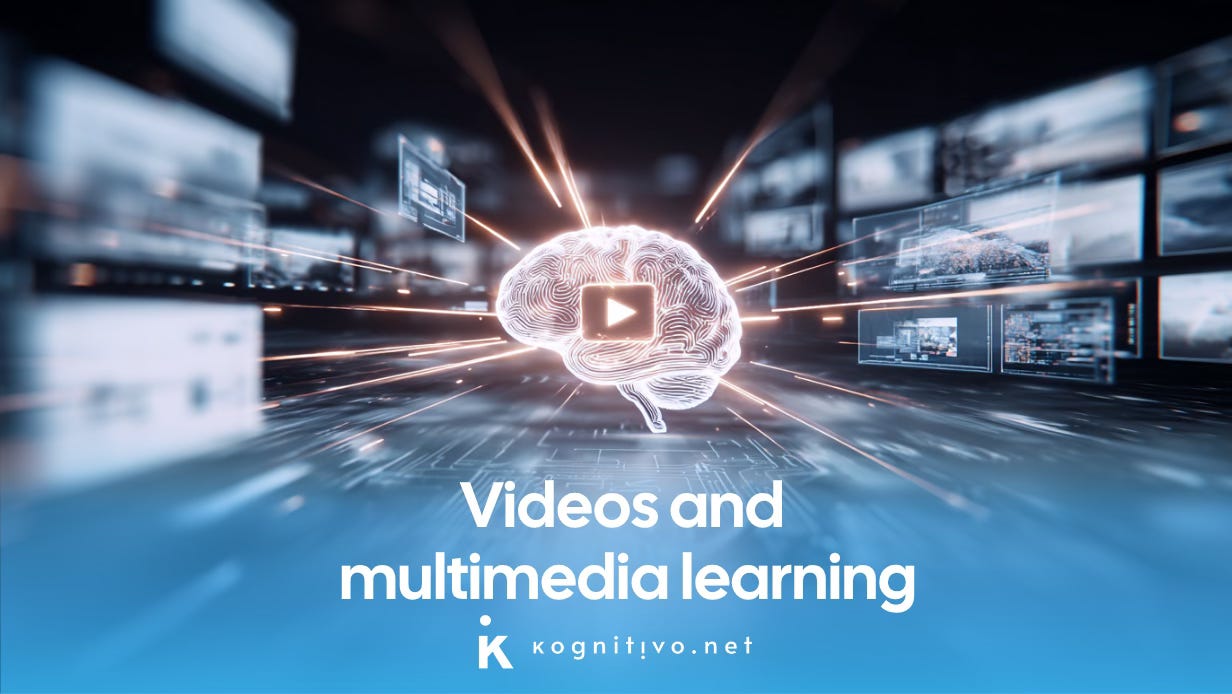 A futuristic magazine-style banner showing swirling streams of light shaped like floating video frames converging toward a brain, representing multimedia learning. A futuristic magazine-style banner showing swirling streams of light shaped like floating video frames converging toward a brain, representing multimedia learning.