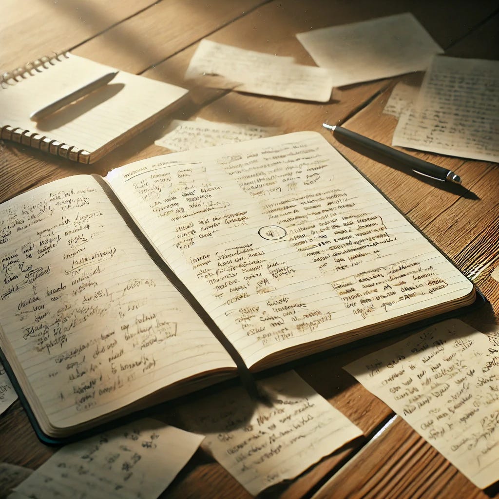 An open notebook lying on a wooden desk with scattered, messy handwritten notes across the pages. Soft sunlight streams in from the side, casting natural shadows and creating a calm, creative atmosphere.