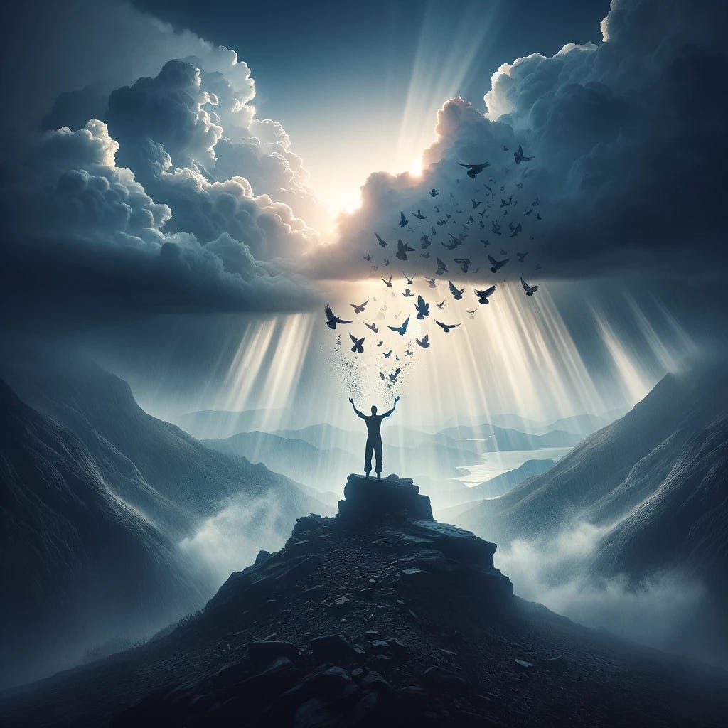 A powerful image that encapsulates personal growth through pain, inspired by the teachings of Anthony de Mello. It features a silhouette of a person standing on a rocky peak, facing a vast horizon. Above them, storm clouds are parting, revealing beams of light that symbolize enlightenment and growth. The person is releasing birds from their hands into the sky, which represent letting go of past pains and embracing the lessons learned. The overall atmosphere of the image is one of hope, transformation, and the dawn of understanding after a period of struggle. A powerful image that encapsulates personal growth through pain, inspired by the teachings of Anthony de Mello. It features a silhouette of a person standing on a rocky peak, facing a vast horizon. Above them, storm clouds are parting, revealing beams of light that symbolize enlightenment and growth. The person is releasing birds from their hands into the sky, which represent letting go of past pains and embracing the lessons learned. The overall atmosphere of the image is one of hope, transformation, and the dawn of understanding after a period of struggle.